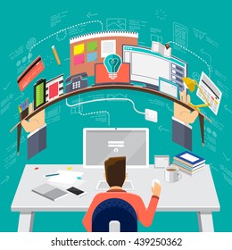Flat design concepts for M-Commerce, Strategic Partnership, Co-working Space Center. Concepts for web banners and promotional materials.