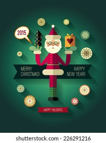 Flat design concepts for Merry Christmas and Happy New Year cards. Flat Santa Claus icon. Trendy design idea for banner, sign, ad etc. Xmas design in traditional green and red colors. Vector.