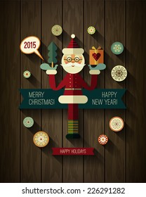 Flat design concepts for Merry Christmas and Happy New Year cards. Xmas icons. Flat Santa Claus, Snowflakes and 2015 icons with long shadow on wood texture. Modern design of banner, poster, card. 