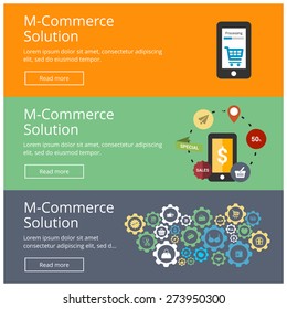 Flat design concepts for Mobile Commerce Solution website banner set Online Mobile payment concept 3 different website banner template. Vector illustration