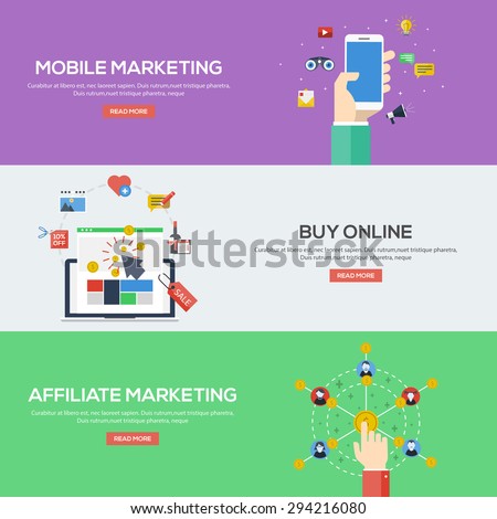 Flat design concepts for mobile marketing, buy online and affiliate marketing. Collection for web banners and promotional materials.Vectors