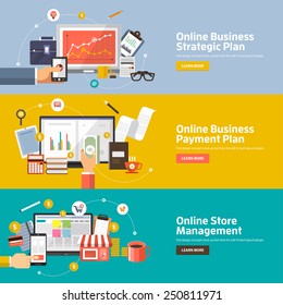 Flat design concepts for Online Business Strategic Plan, Payment Plan, Store Management  Concepts for web banners and promotional materials.