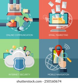 Flat design concepts for online communication, social network, strategic communication, email marketing, internet security, cloud computing, mobile navigation. Concepts for web promotional materials.