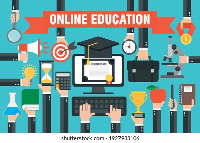 Flat design concepts online education, e-learning with computer. Vector illustration