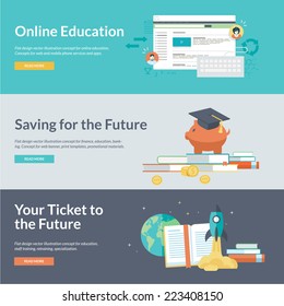 Flat Design Concepts For Online Education, Staff Training, Retraining, Specialization, Finance, Banking, Student Loans, Marketing. Concepts For Web Banners And Promotional Materials.    