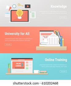 Flat design concepts for online education,online training courses, staff training, retraining, university, tutorials. Concepts for web banners