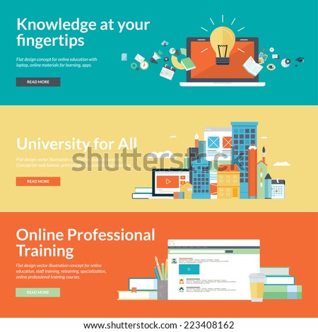 Flat design concepts for online education,online training courses, staff training, retraining, specialization, university, tutorials. Concepts for web banners and promotional materials.    