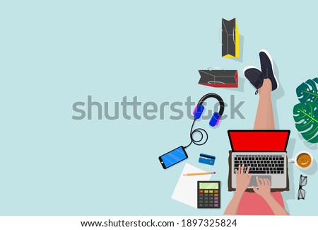 Flat design concepts online flat illustration. above the appearance of the hands and feet operating a laptop calculator, glasses, coffeecup, shopping bags, cellphone headsets and nearby credit card.