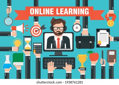 Flat design concepts online learning with online teacher in computer. Vector illustration