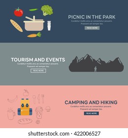 Flat design concepts for picnic, tourism and camping. Concepts for web banners and promotional materials.