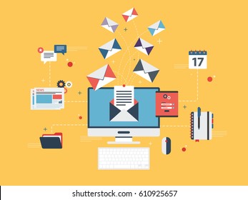 Flat design concepts for send or receive email marketing, business communication and marketing, analytics and business strategy in vector design.