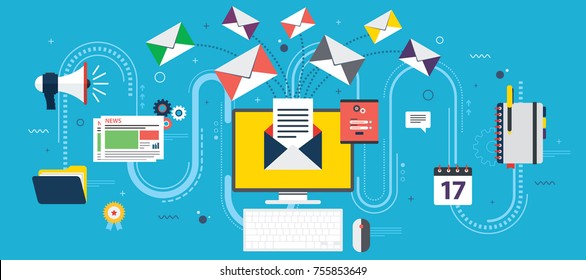 Flat Design Concepts For Send Or Receive Email Marketing, Business Communication And Marketing, Analytics And Business Strategy In Vector Design.