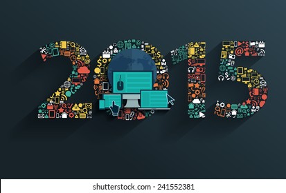 Flat design concepts set application icons with happy new year 2015 sign, Vector illustration modern template design