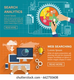Flat design concepts set for search analysis and web searching . Research, project management, planning, accounting, analysis, data and investment. Vector illustration  for website banners.