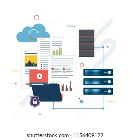 Flat design concepts for shared data, documents, videos and photos.Internet computer users download files safely. Vector design shape blue background.
