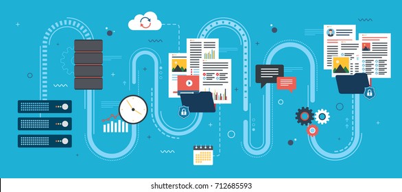 Flat design concepts for shared data, documents, videos and photos.Internet computer users download files safely. Vector design shape blue background.