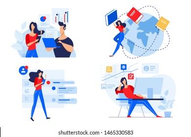 Flat design concepts of staff education, training and courses, online education. Vector illustrations for website banner, marketing material, presentation template, online advertising.