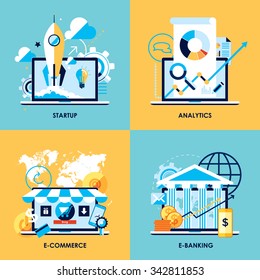 Flat design concepts for startup, analytics, e-commerce and e-banking
