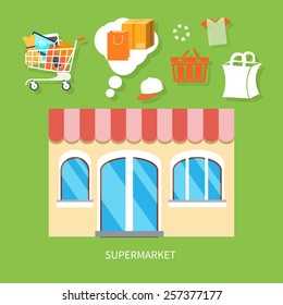 Flat design concepts of supermarket general store, shopping mall and fashion store