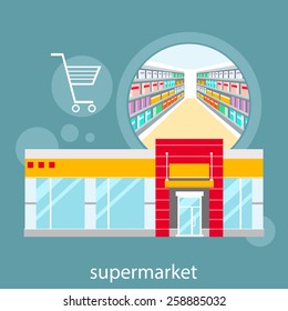 Flat design concepts of supermarket general store, shopping mall and fashion store