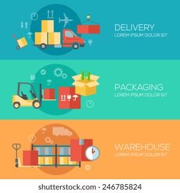 Flat design concepts for warehouse, packing, delivery. Concepts for web banners and promotional materials.