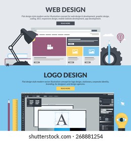 Flat design concepts for web design, graphic design, SEO, app development, logo design. Concepts for website banners and printed materials, for designers, web developers, and design agencies.    