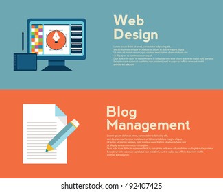 Flat design concepts for web design, graphic design, Blog Management . Concepts for website banners and printed materials, for designers, web developers, and design agencies