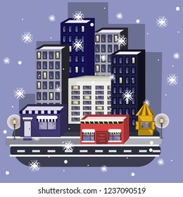 Flat design concepts of winter holidays, Merry Christmas, town in snow  Vector illustration. Christmas city.