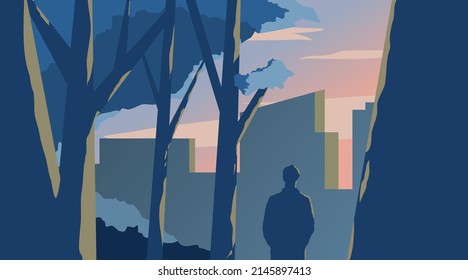 Flat design conceptual landscape city silhouette. City scenery with people back view and tree. Vector illustration of beautiful city silhouette and people scenes.