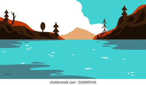 Flat design conceptual landscape mountain scenery with river and tree. Vector illustration of beautiful mountain and river scenes.