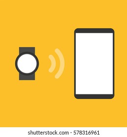 Flat design. Connection, watch connects to phone, sync, data transfer.