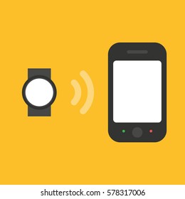 Flat design. Connection, watch connects to phone, sync, data transfer.