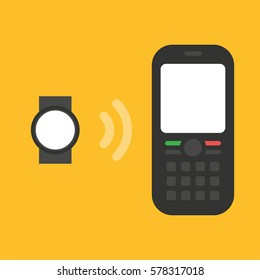 Flat design. Connection, watch connects to phone, sync, data transfer.