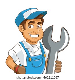 flat design construction or industrial worker holding wrench icon vector illustration