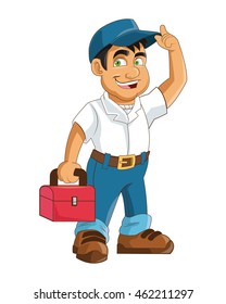 flat design construction or industrial worker holding toolbox icon vector illustration