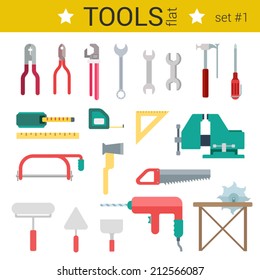 Flat design construction tools instrument vector icon set. Roulette, circular saw, wrench, screwdriver, vise, ax, trowel, drill. Flat objects collection.