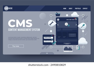 Flat design content management system landing page vector design in eps 10