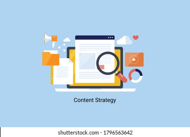 Flat design Content strategy, Content marketing on internet, Social media advertising, Video, analytics - flat design vector banner with icons on blue background