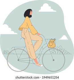 Diseño plano genial vector de la bicicleta de equitación de personajes femeninos. Mujer elegante en bicicleta, vista lateral sobre el cielo azul con fondo de nubes claras.