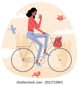 Flat design cool vector female character riding bicycle. Stylish woman on bicycle, side view over blue sky with light clouds background.