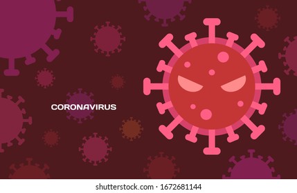 Flat design of Coronavirus COVID-19 on red tone. Dark red background with red tone virus cells. Danger symbol vector illustration.