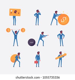 Flat design corporate business people. Full length. Different poses and situations. Business and finance. Set of vector characters.