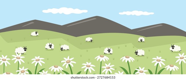 Escena de campo de diseño plano con ovejas de pastoreo. Ovejas en la montaña. Granja de ovejas. Colina de primavera