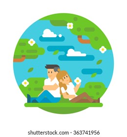 Flat design couple sitting outdoor illustration vector