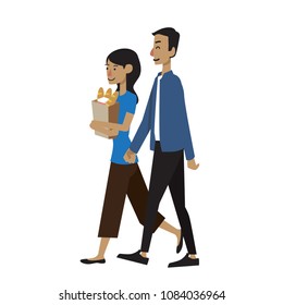 Flat design couple walking with grocery