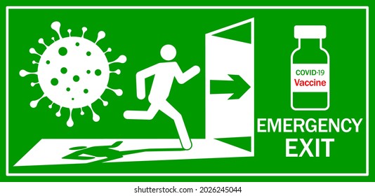 Flat design of COVID-19 exit sign. Running human figure escapes from Coronavirus by COVID-19 vaccination, Sign and illustration for COVID-19 vaccination campaigns
