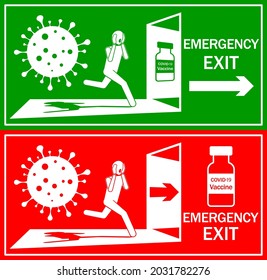 Flat design of COVID-19 exit sign. Running human figure escapes from Coronavirus by COVID-19 vaccination, Sign and illustration for COVID-19 vaccination campaigns
