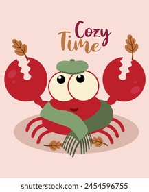 Flat Design Cozy Time Illustration with Crab wearing Beret , Scarf Holding Leaves