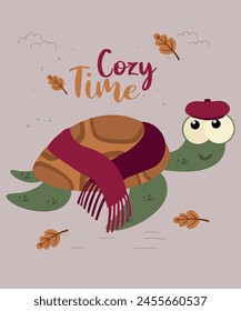  Flat Design Cozy Time Illustration with Turtle Wearing Beret, Scarf