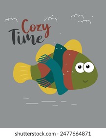 Flat Design Cozy Time Illustration with Fish and Scarf